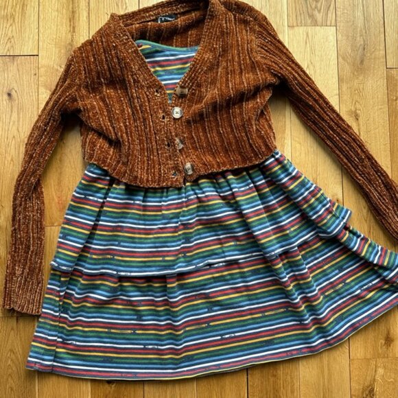 Tucker + Tate Rainbow Striped Dress Rust Chenille Cropped Sweater Outfit - Picture 2 of 12